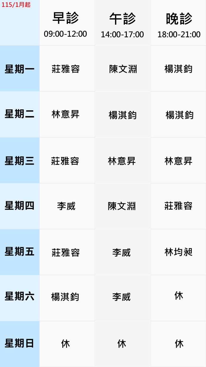 眼科門診表