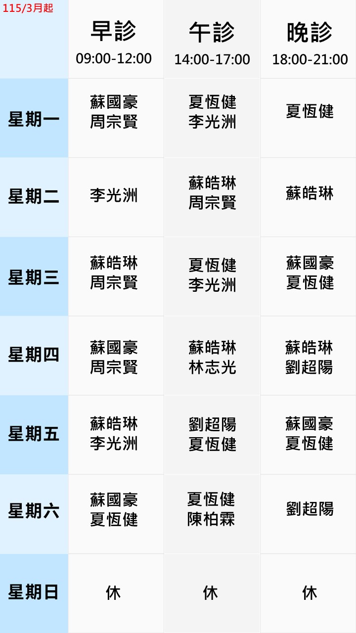 眼科門診表