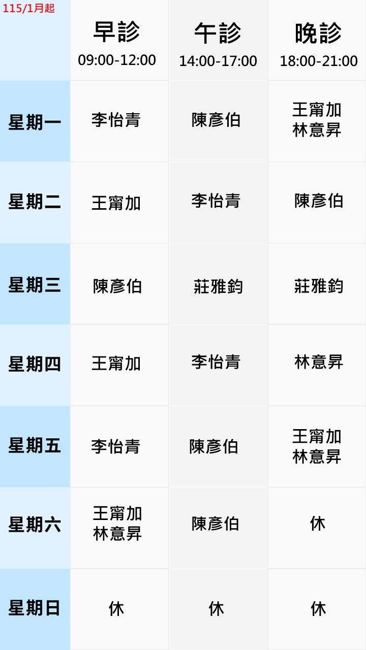 眼科門診表