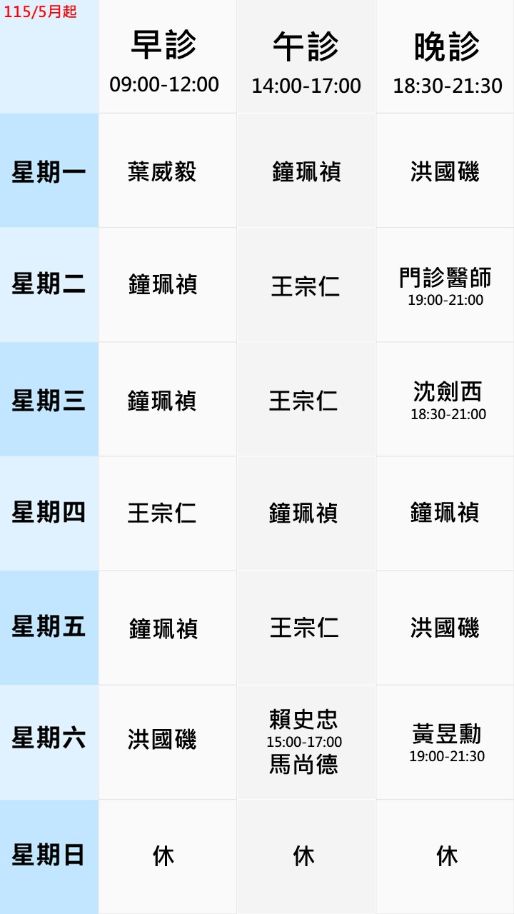 眼科門診表